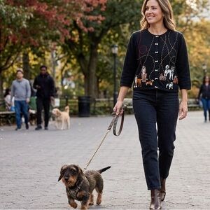 Vintage Kitschy Beaded and Embroidered Dog Motif Cardigan XL